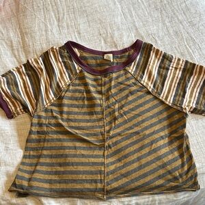 Free People Striped Crop Top in Gray and Tan with Burgundy Trim